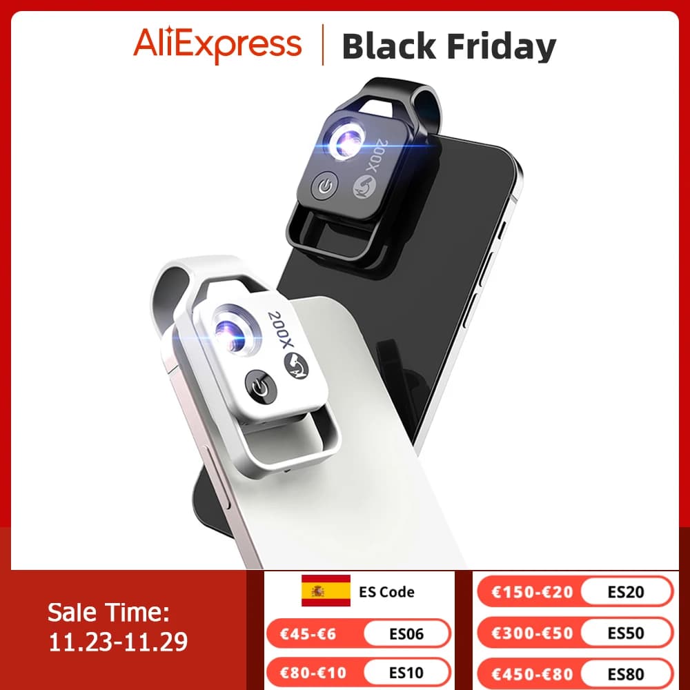 Lente de Microscopio Digital APEXEL 200X con Luz LED Móvil CPL, Lentes Macro de Bolsillo para iPhone, Samsung y Todos los Teléfonos Inteligentes