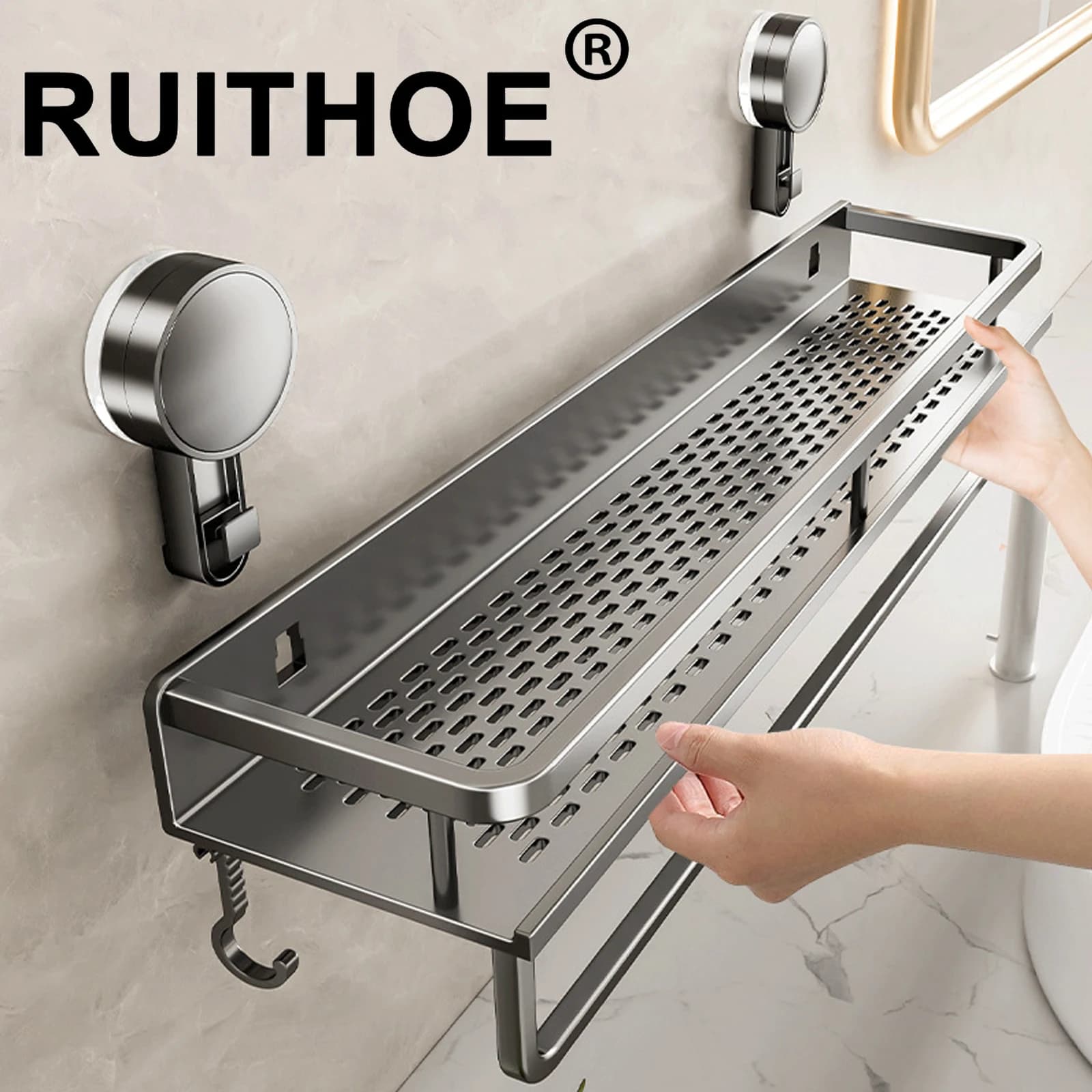 Estante de baño con ventosa, estante de baño, espacio para inodoro, estante colgante de aluminio sin taladro, organizador de baño para colgar en la