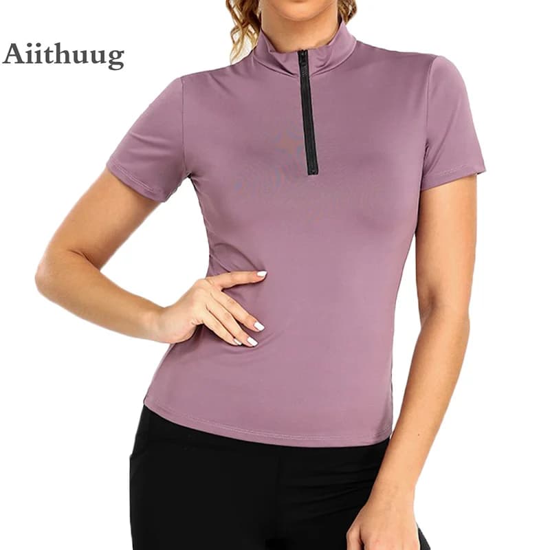 Aiithuug-camisetas deportivas de manga corta con cremallera para gimnasio, camisetas altas para correr, camiseta de tenis de secado rápido, ropa