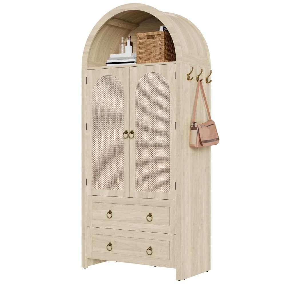 Aparador Arqueado de Ratán Vintage con 2 Cajones, Mueble de Almacenamiento Tejido Estilo Boho, Buffet Retro de Madera para Sala de Estar, Dormitorio,