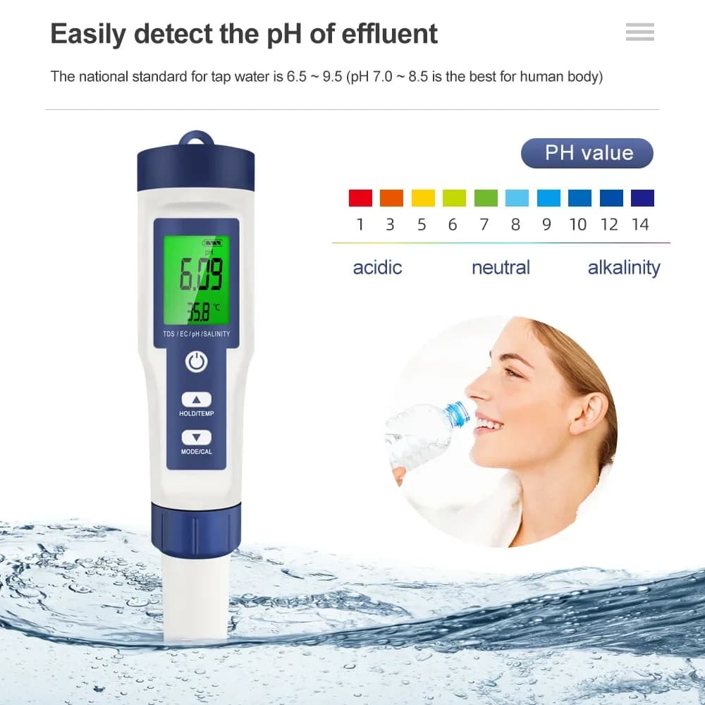 Medidor de Calidad del Agua 5 en 1, Digital, TDS/EC/PH/Salinidad/Temperatura, para Piscinas, Acuarios, Detector de Calidad del Agua