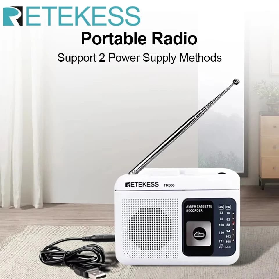 Retekess TR606 Radio FM AM Radio Reproducción de casete Radios portátiles Grabación FM AM Auricular de 3,5 mm MIC Jack 2 Método de fuente de