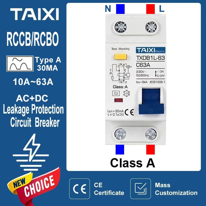 Disyuntor de corriente Residual RCBO tipo A 30mA MCB 1P + N 10A 16A 20A 32A 40A 63A protección contra sobrecarga de fuga a tierra TAIXI