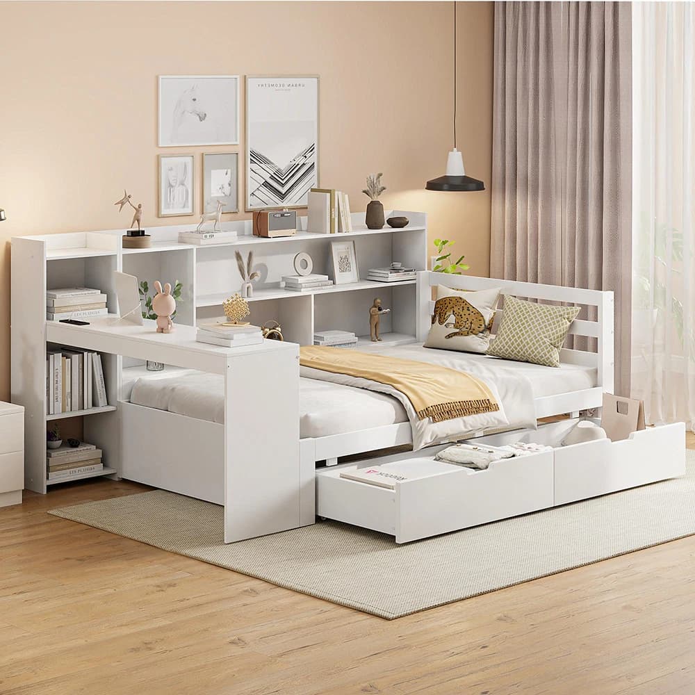 KOMHTOM Sofá cama de 90×200 cm, sofá cama con escritorio, estación de carga USB, estantería, compartimentos de almacenamiento y estantes, sin