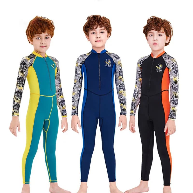 Trajes de baño de una pieza para niños, traje de baño para niños, protección solar de manga larga (incluidos gorros de natación)