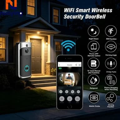 Videoportero Inalámbrico WiFi HD 720P, Cámara de Seguridad Inteligente para el Hogar, Intercomunicador con Visión Nocturna IR, Alimentado por