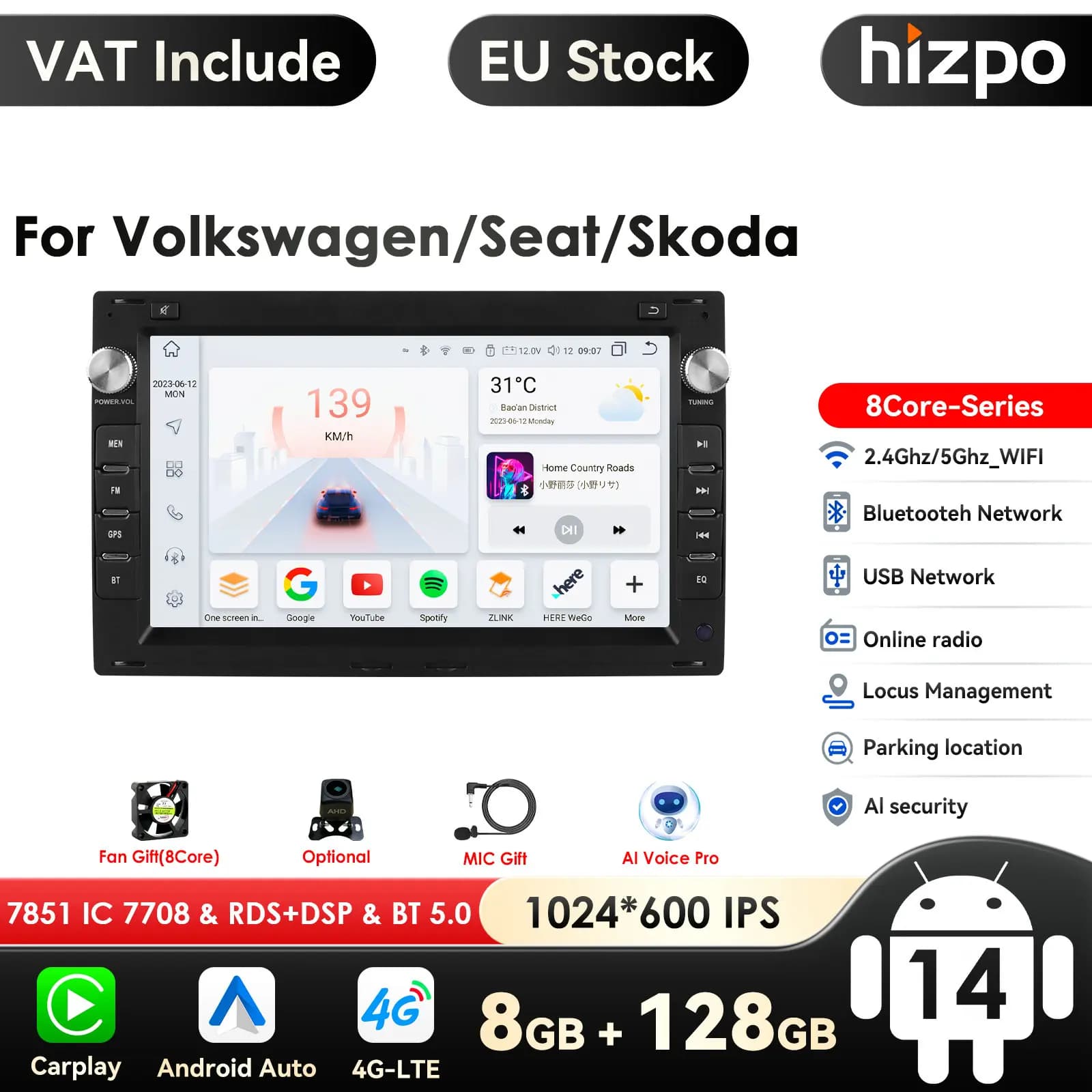 Radio Multimedia con GPS para coche, reproductor con Android, 4G, Carplay, 2DIN, Audio, para VW, Golf 4, Passat, POLO, Transport, T5, Multivan, Seat,