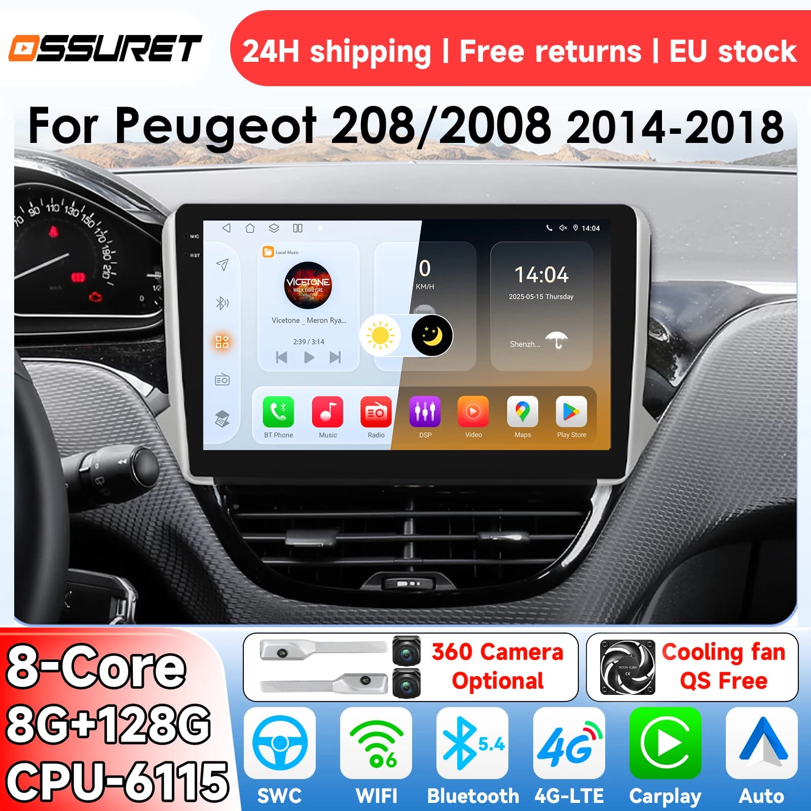 Radio OSSURET Android 14 para coche Peugeot 208 2008 2012-2018, sistema inteligente Carplay, reproductor multimedia de vídeo, GPS 4G 6115