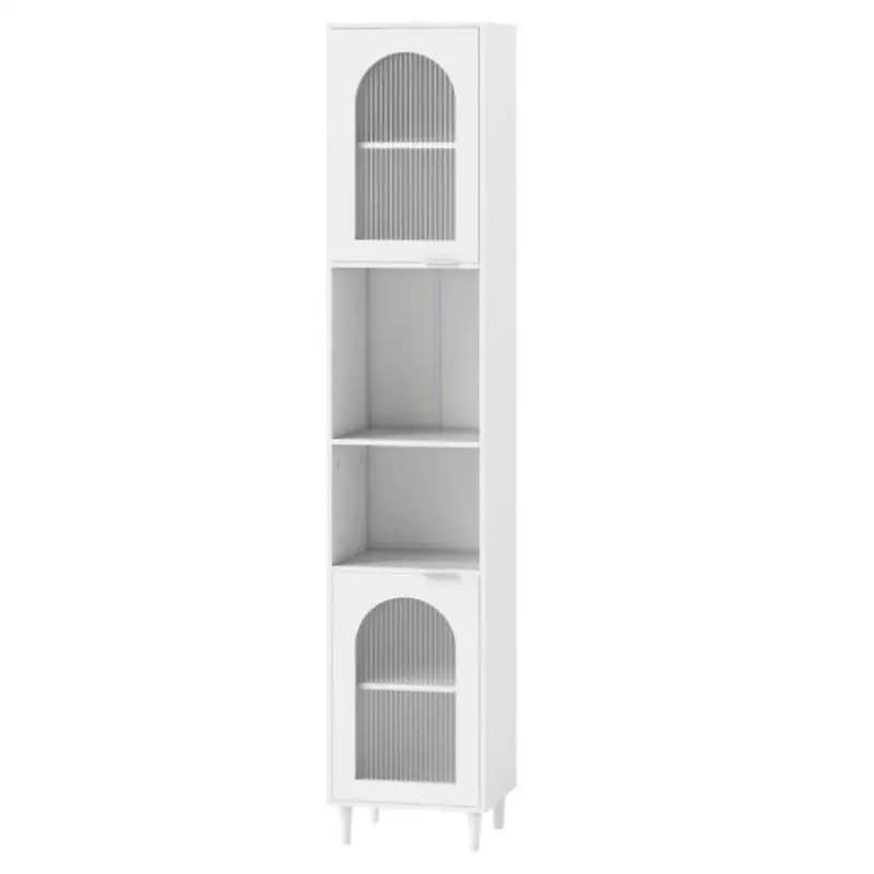 Armario alto de baño con 2 puertas de vidrio estriado, armario independiente delgado con estantes ajustables para cocina, color blanco