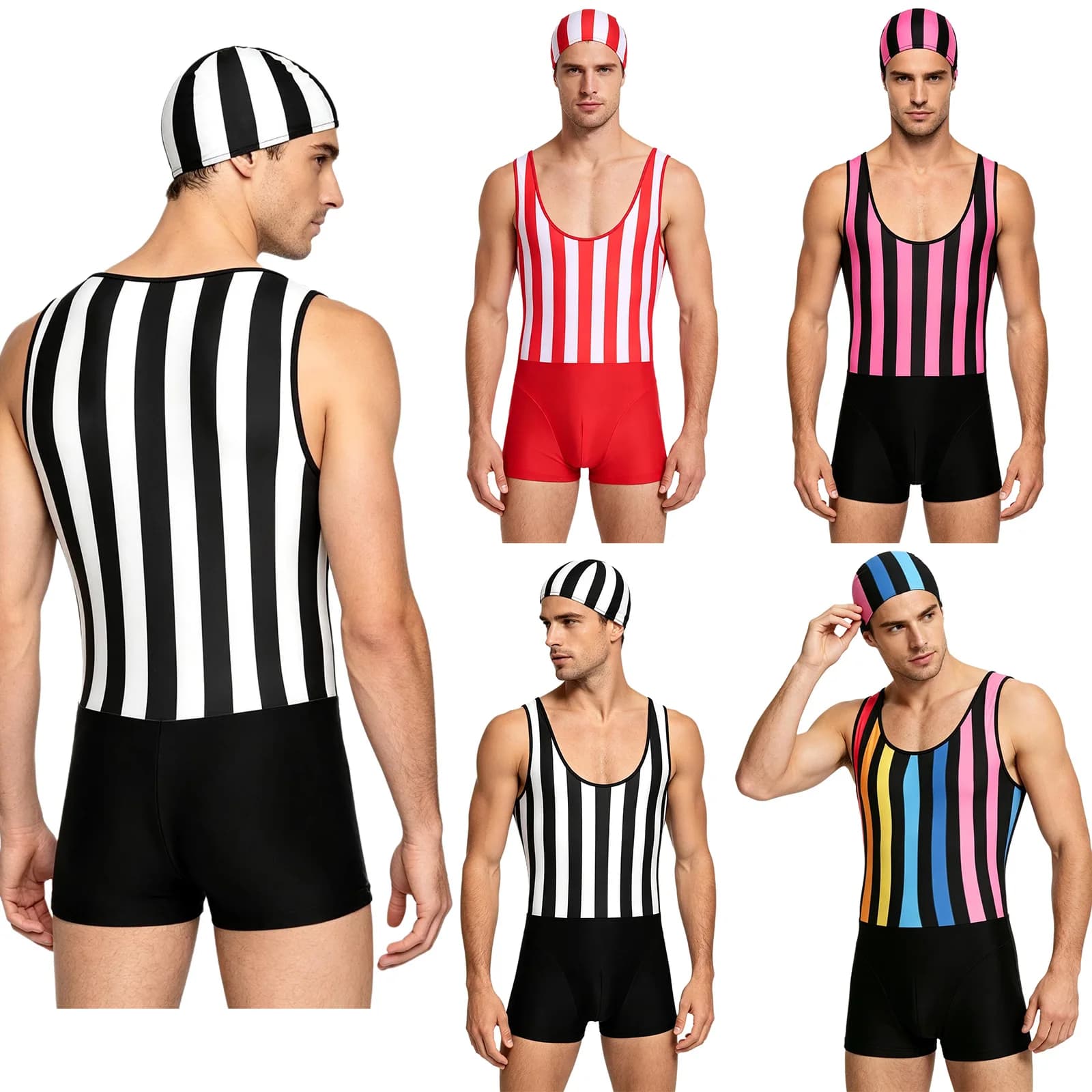 Traje de baño de una pieza de secado rápido para hombre con gorro de natación, traje de baño sin mangas con estampado de rayas, traje de baño