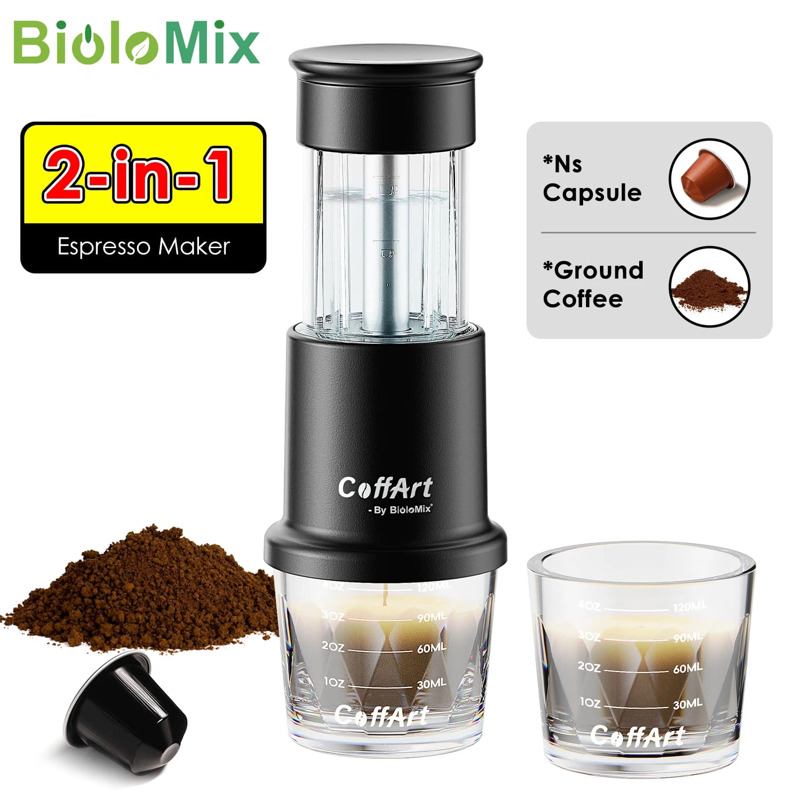 BioloMix Cafetera portátil 2 en 1, máquina de café expreso caliente/frío para cápsulas NS y prensa manual de café molido