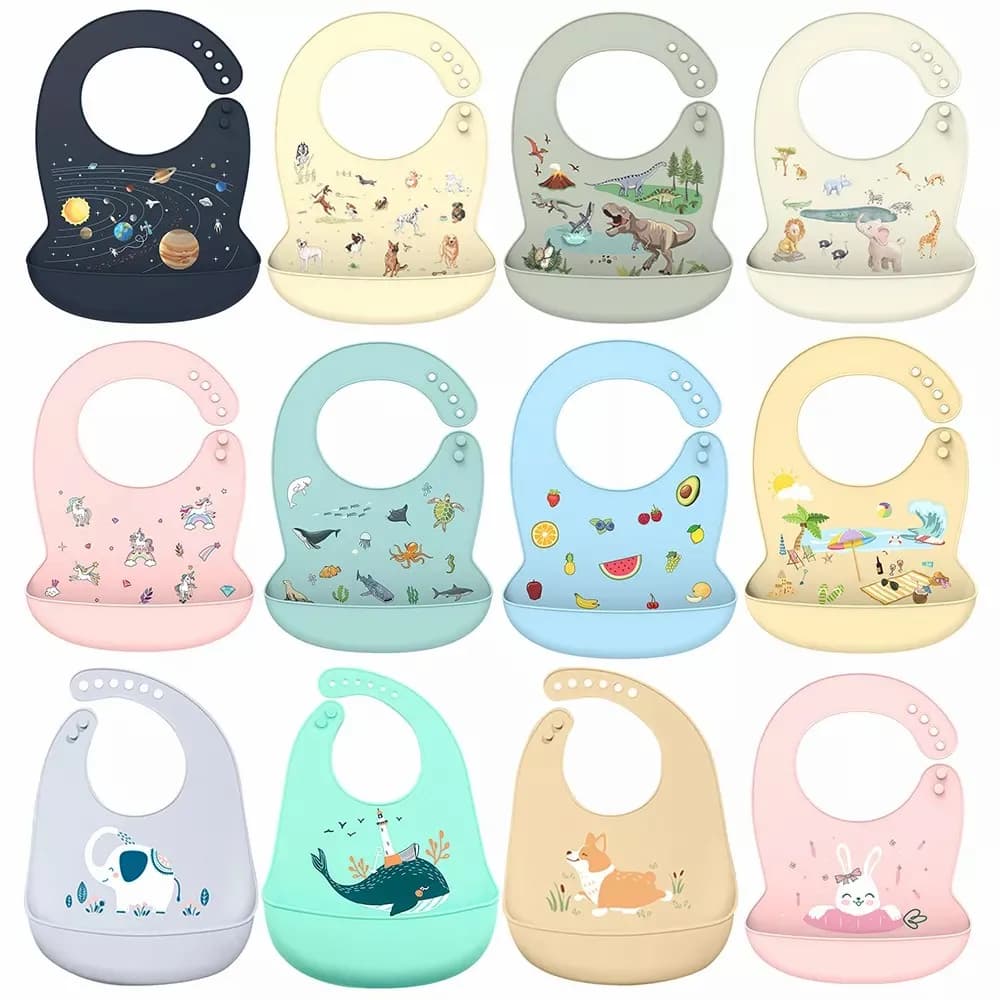 Babero de silicona impermeable para bebé, baberos anti-derrame con diseño de dibujos animados, alimentación para recién nacido, baberos de mesa