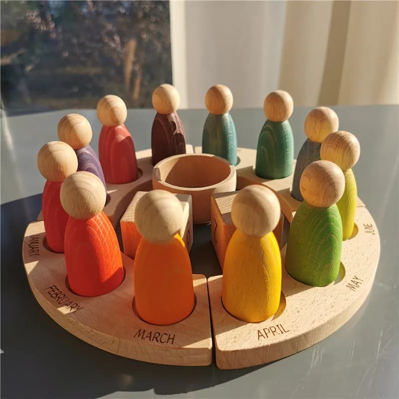 Nuevos juguetes de madera de haya, calendario de arcoíris, muñecas con clavija, figuras de mago, bloques apilables para niños