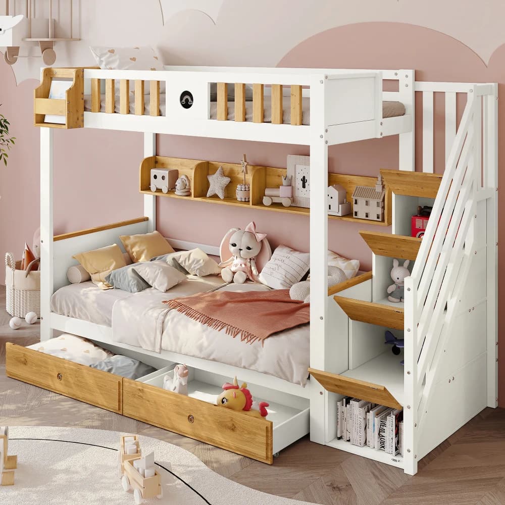 Cama litera multifuncional para niños de 90×200 cm, 2 cajones y estante abierto, rejilla de seguridad tipo paracaídas, amplio espacio de