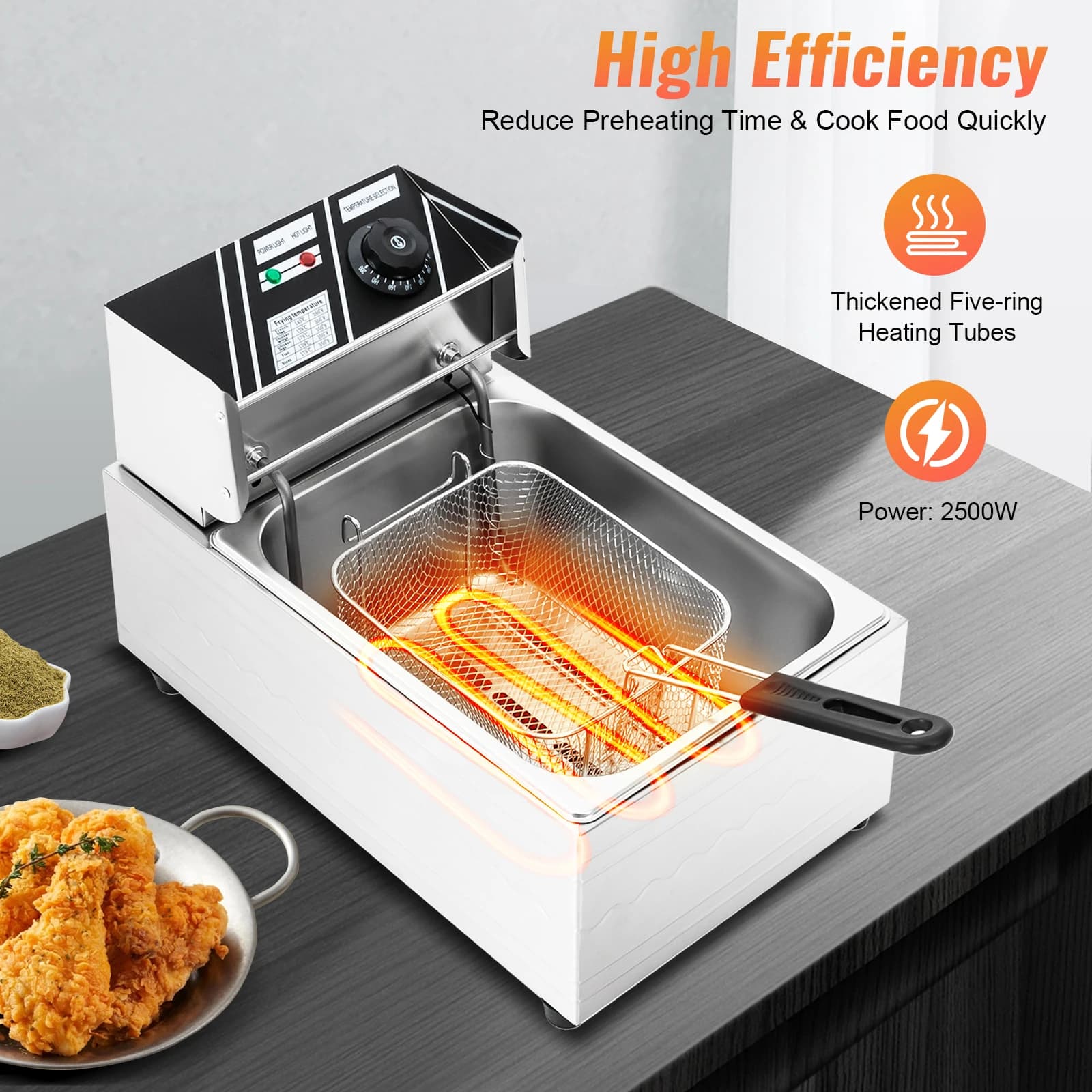 Freidora eléctrica de 2,5 kW, freidora de acero inoxidable de 6L, freidora de inmersión de un solo tanque comercial para el hogar con cesta para