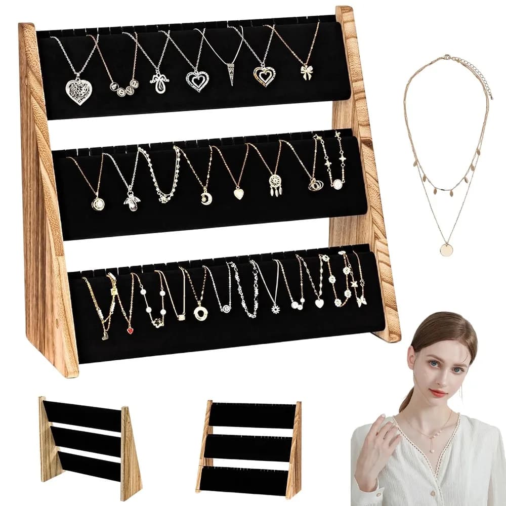 Expositor de Joyería, Soporte de Madera Flocada de 3 Niveles para Collares, Organizador de Madera con Forro de Terciopelo Suave, Soporte Portátil