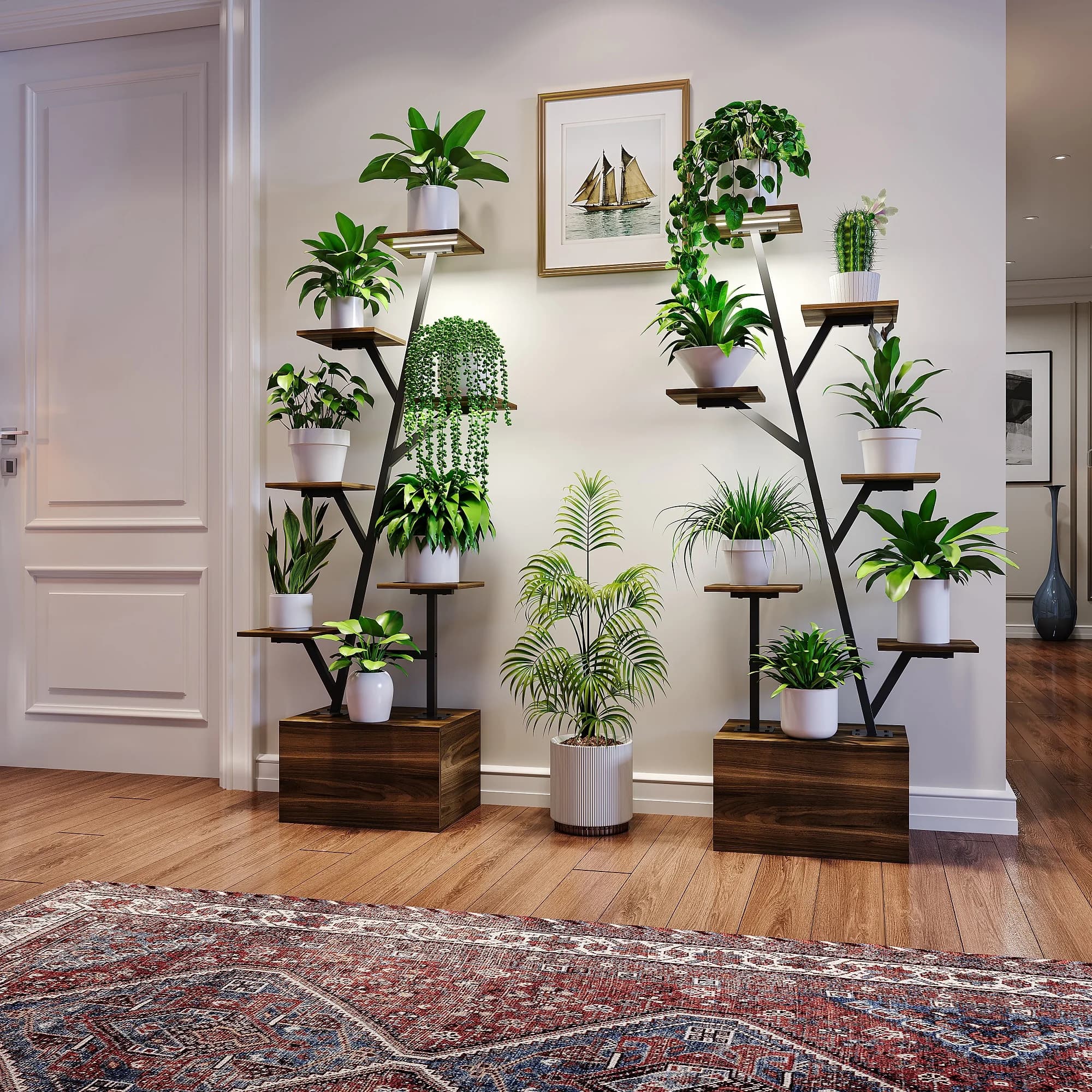 Rosahqnda Soportes para Plantas con Luces Brillantes, Soporte Creativo de Hierro para Plantas de Interior y Exterior, Estructura Metálica de