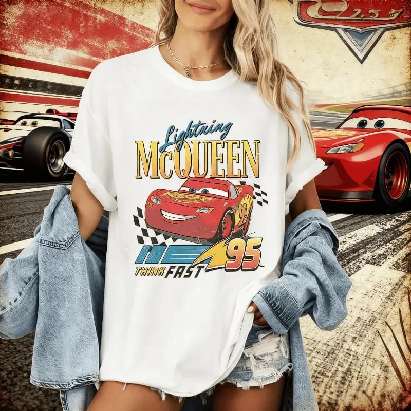 Camiseta estampada de algodón puro 100% para vacaciones familiares de Disney, camiseta de verano Vintage Lightning McQueen 95 Lightning Rusteze Car