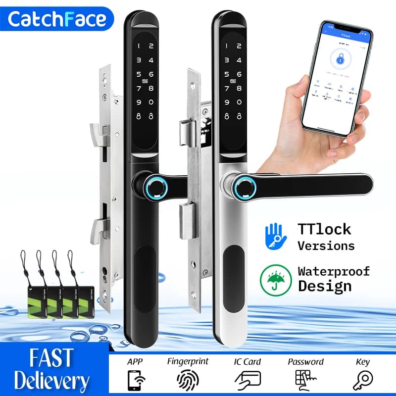 Cerradura de puerta inteligente electrónica sin llave, resistente al agua, TTLock, huella dactilar, aplicación Bluetooth, código RFID, para vidrio,