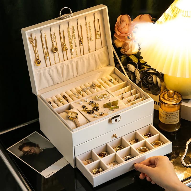 VANSIHO-joyero multifuncional clásico de lujo, caja de almacenamiento de joyería de cuero PU de gran capacidad, caja de accesorios y pendientes