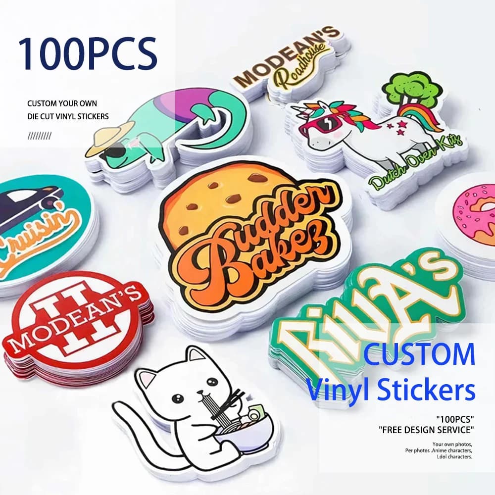 100 Uds pegatinas personalizadas PVC impermeable troquelado vinilo diseño de logotipo marca portátil lindo pegatina personalizada película