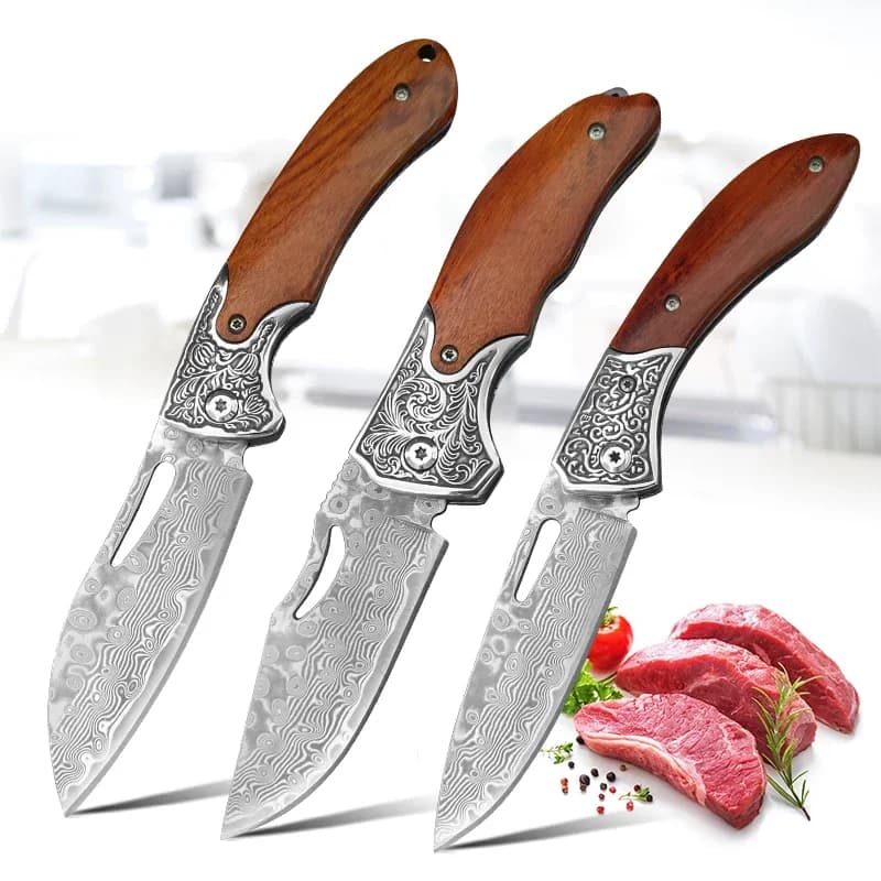 Cuchillos plegables de Damasco, utensilio para cortar carne, verduras, pescado, cocina, Chef, carnicero, deshuesado