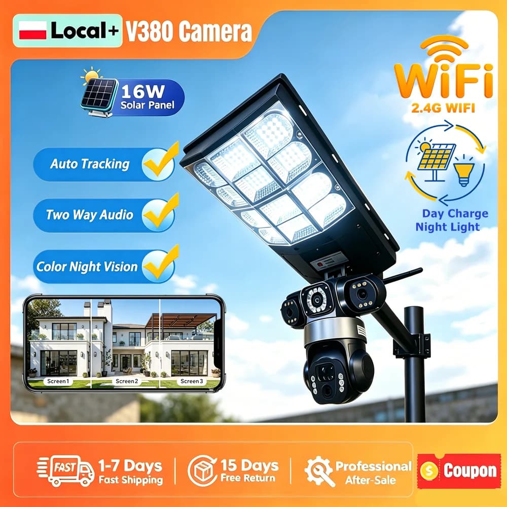 Cámara Solar WiFi para Exteriores con Triple Lente, Panel Solar de 16W, Luz LED para Calle, Visión Nocturna, Protección de Seguridad CCTV
