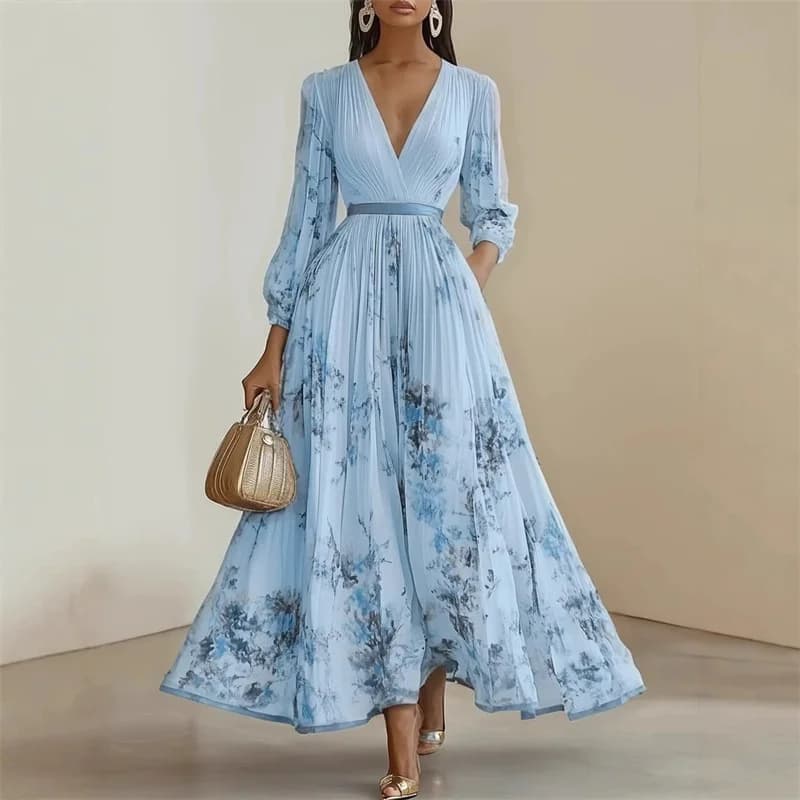 Nuevo vestido elegante de primavera y verano para mujer, vestido Sexy con cuello en V estampado de manga larga con vuelo grande, vestido de vacaciones