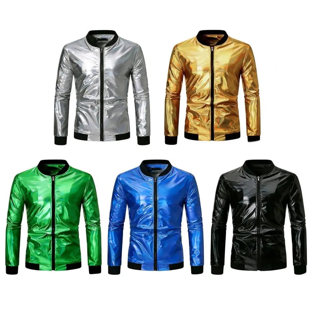 Chaqueta plateada de manga larga para hombre, abrigo con cremallera y cuello redondo, adecuado para Tops informales, chaqueta puesta en escena, ropa