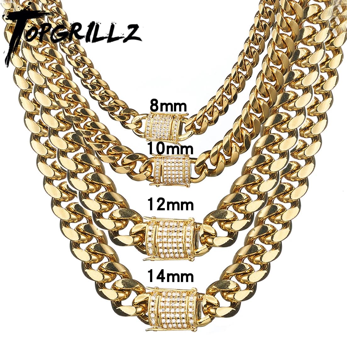 TOPGRILLZ-Juego de collar y pulsera de acero inoxidable para hombre, cadena cubana de estilo Hip Hop de 8/10/12/14MM, Miami, regalo de joyería