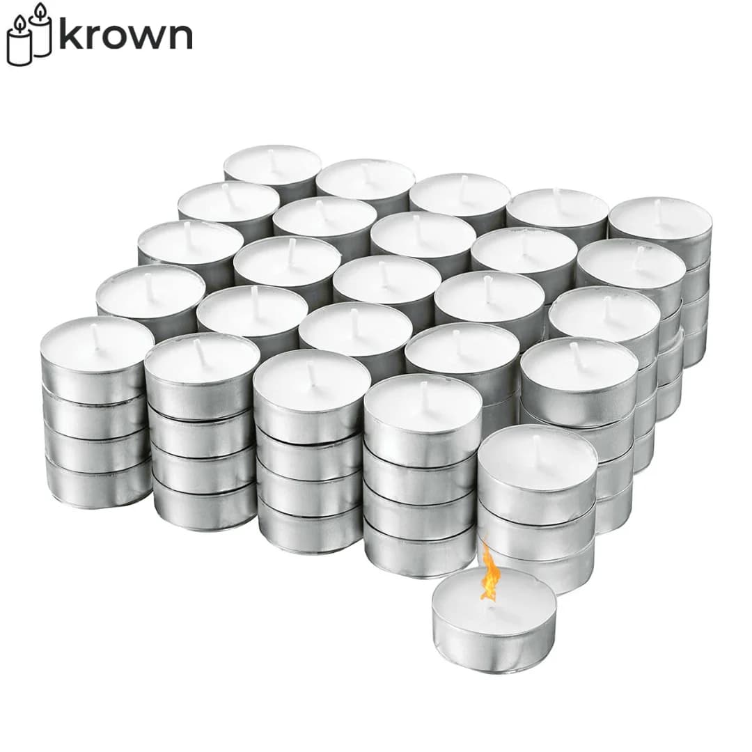 KROWN - Velas de Té 30/50/100/200/300/500 Unidades, Tealights con Funda de Aluminio, Sin Aroma, Color Blanco, Económicas, Envío Rápido