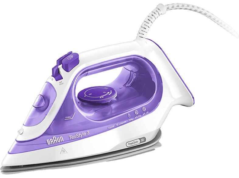 Plancha de vapor - Braun TexStyle 3 SI3042VI, 2350W, 0.27 l, Golpe 45g/min, Suela FreeGlide 3D, Autolimpieza, Blanco/Violeta
