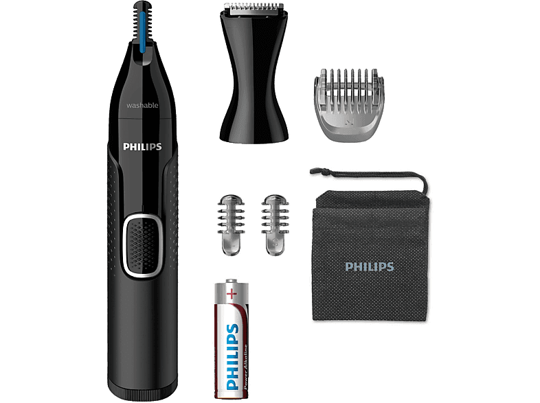 Cortapelos nariz - Philips NT5650/16 , Recortador de precisión para nariz, orejas y cejas, 3 peines-guía, Funda viaje, Negro