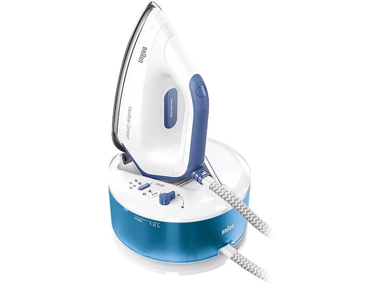 Centro de planchado - Braun CareStyle Compact IS2143BL, 2400 W, 1.3 l, 5.5 bar, FreeGlide 3D, Golpe vapor 300 g/min, Blanco/Azul
