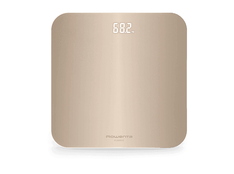 Báscula de baño - Rowenta Classic BS1900, 180 kg, Pantalla invisible con iluminación LED, Diseño plano, Apagado automático, Cristal templado, Oro