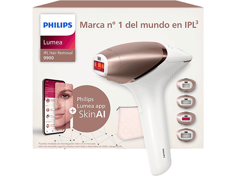 Depiladora IPL - Philips Lumea S9900 BRI951/01, Luz Pulsada en Casa, Con SkinIA y app, Uso Sin Cable, 4 cabezales, Sensor de Piel Inteligente