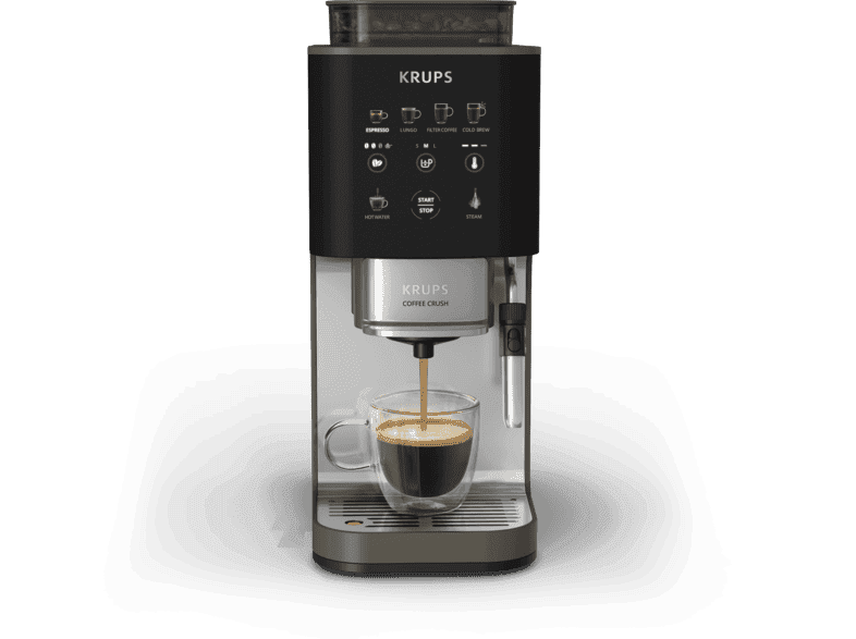 Cafetera superautomática - Krups Coffee Crush, Café en grano y molido, 15 bares, 4 recetas de café, Táctil, Compacta, 5 niveles molienda, Inox