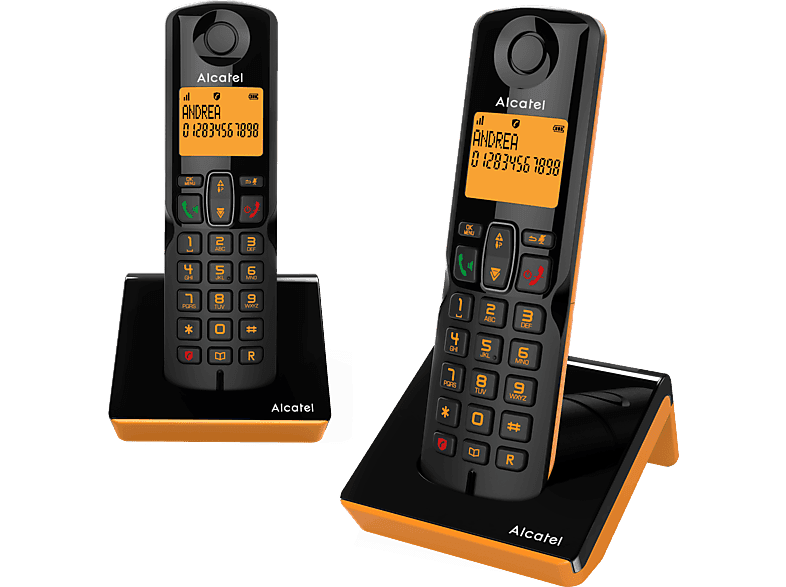 Teléfono - Alcatel S280 Duo, Inalámbrico, Bloqueo de llamadas, Agenda para 50 contactos, Manos libres, Negro y Naranja