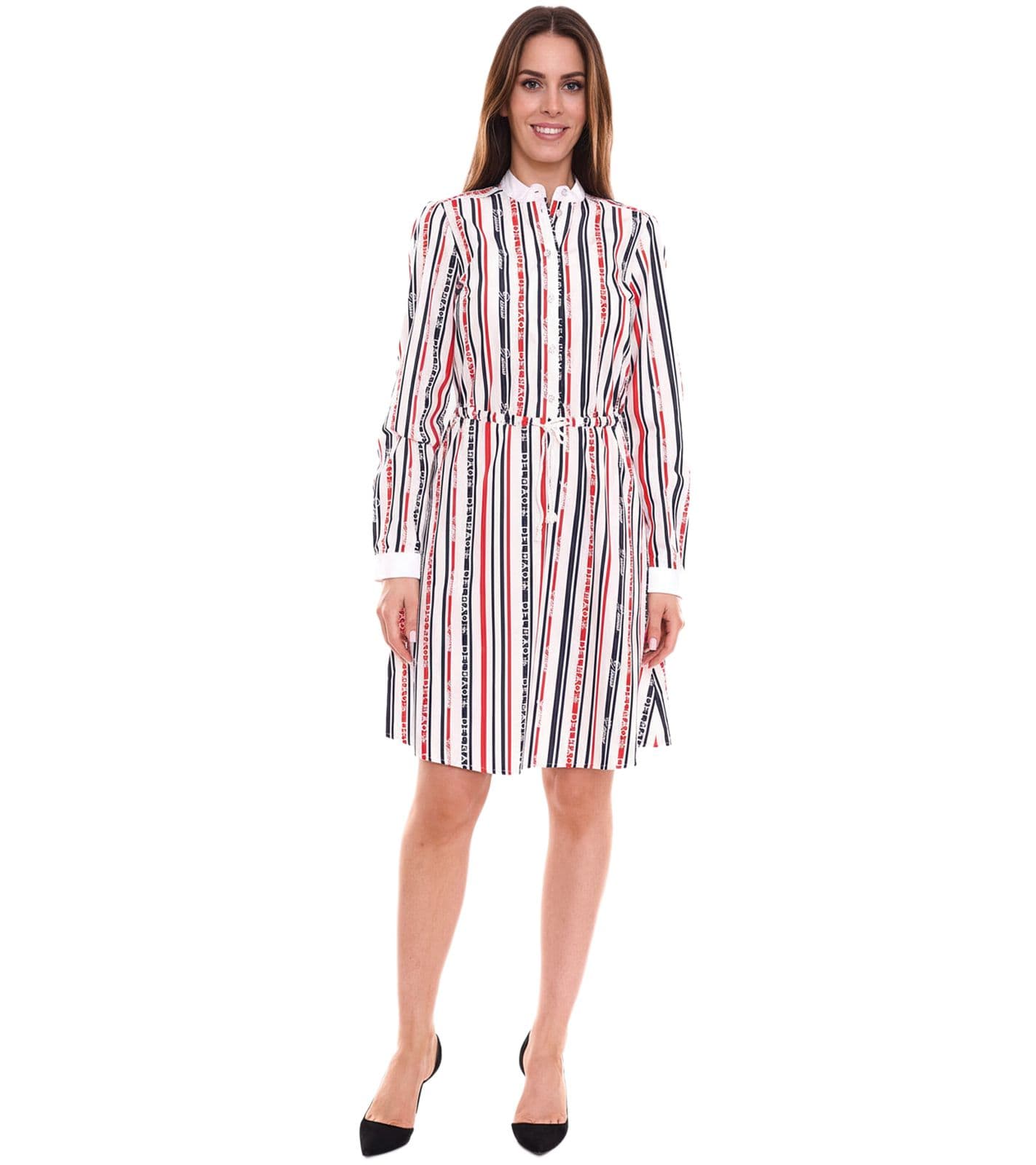 DELMAO Vestido de algodón para mujer minivestido a rayas de manga larga vestido blusa 10440711 blanco/azul/rojo