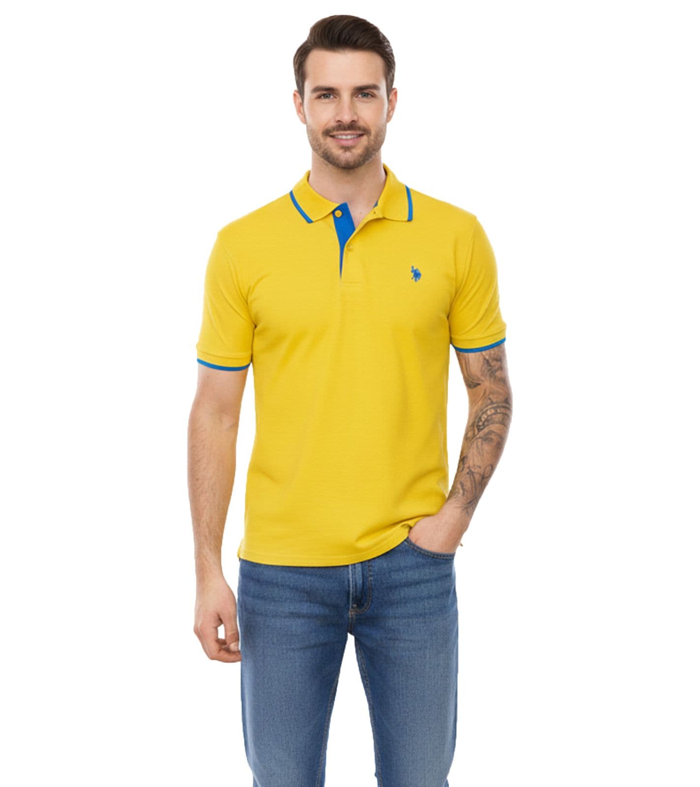 U.S. POLO ASSN. Polo de hombre, camisa básica, camisa de algodón, camisa de manga corta 197 68163 52520 112 amarillo/azul oscuro