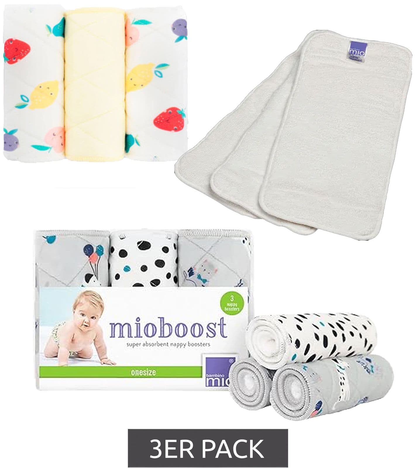 Paquete de 3 insertos absorbentes Bambino Mio para bebés y niños pequeños con capa superior que se mantiene seca, reutilizables, en blanco, liso,