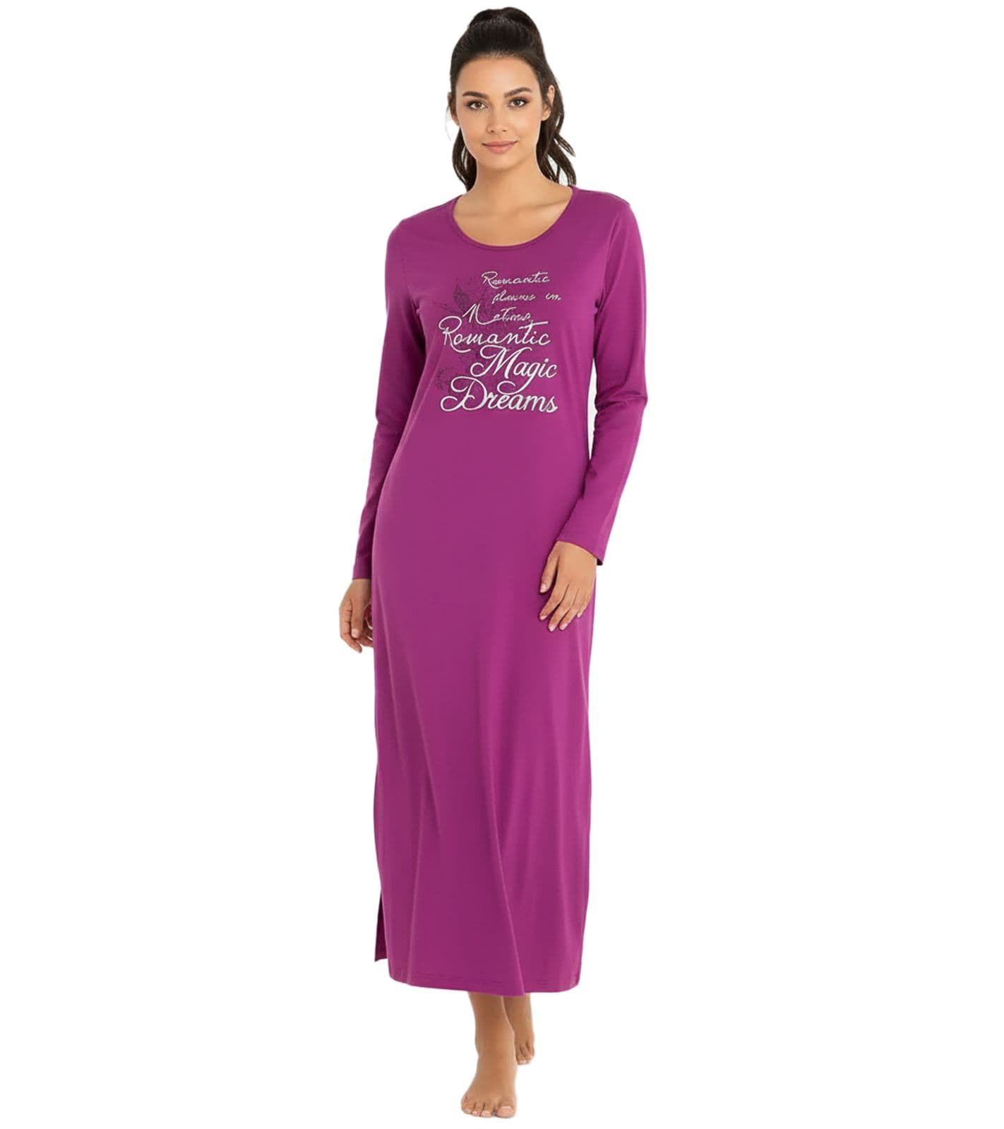 Camisón largo con abertura para mujer, camisón con estampado llamativo, vestido de algodón 933148 Violeta
