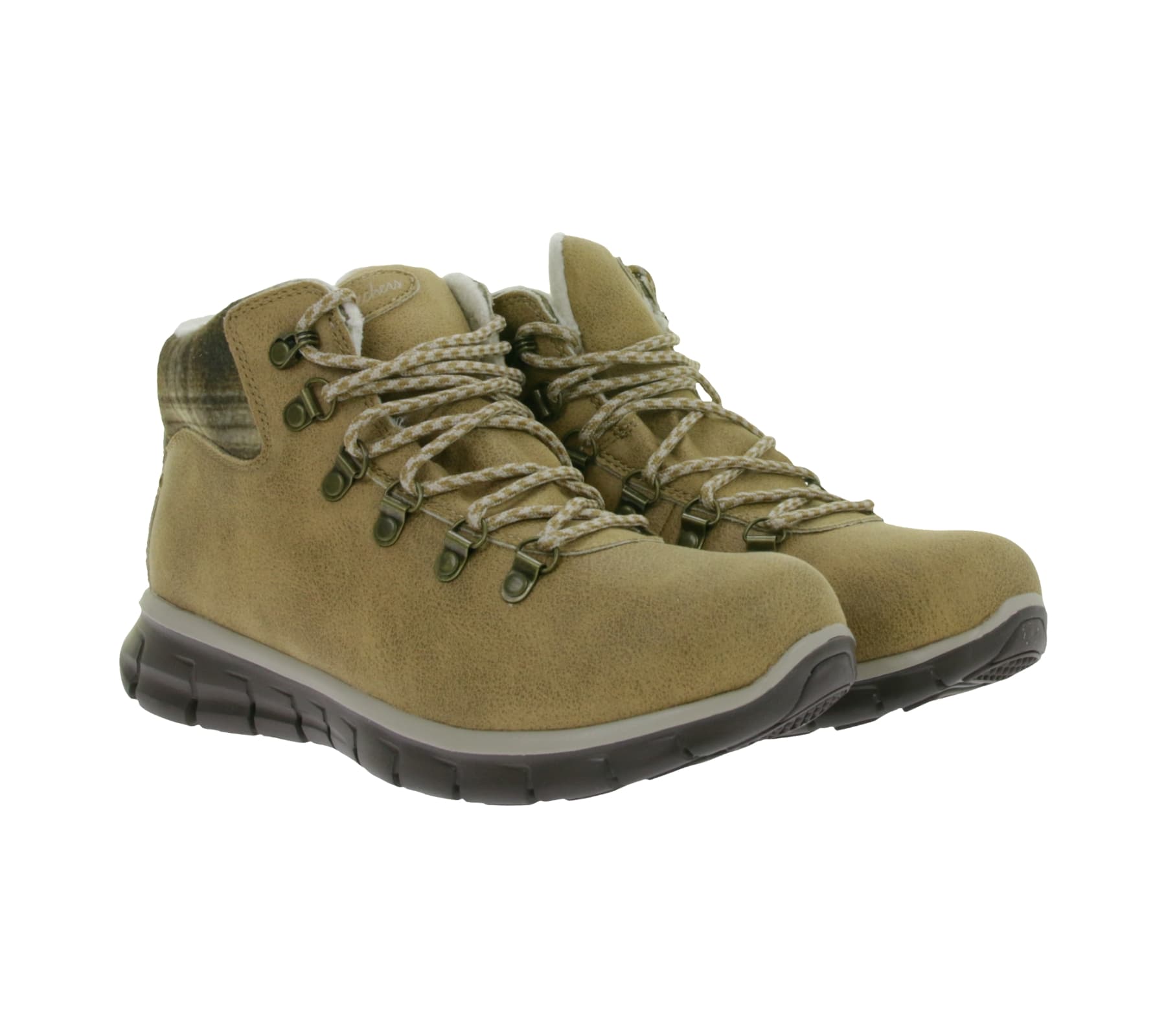 Botines SKECHERS Synergy Plaid Mood para mujer, repelentes al agua, con espuma viscoelástica Warm Tech y revestimiento Scotchgard, color marrón,