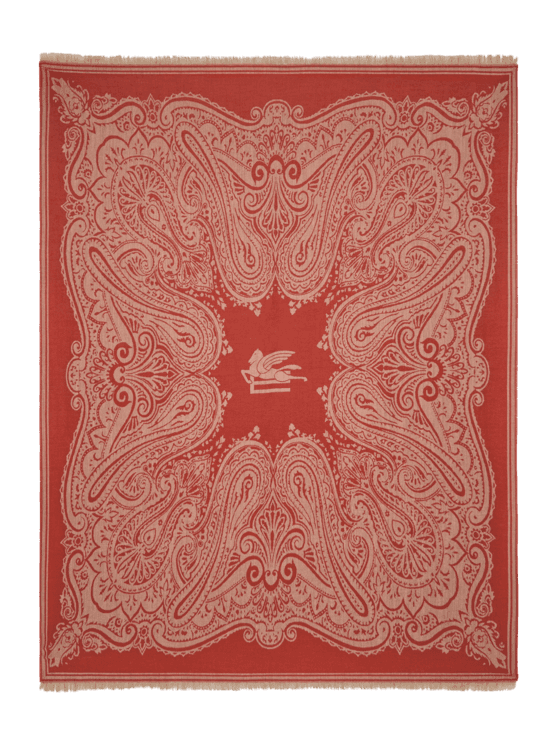 Etro, Plaid De Lana Con Paisley Y Logo Jacquard, Rojo
