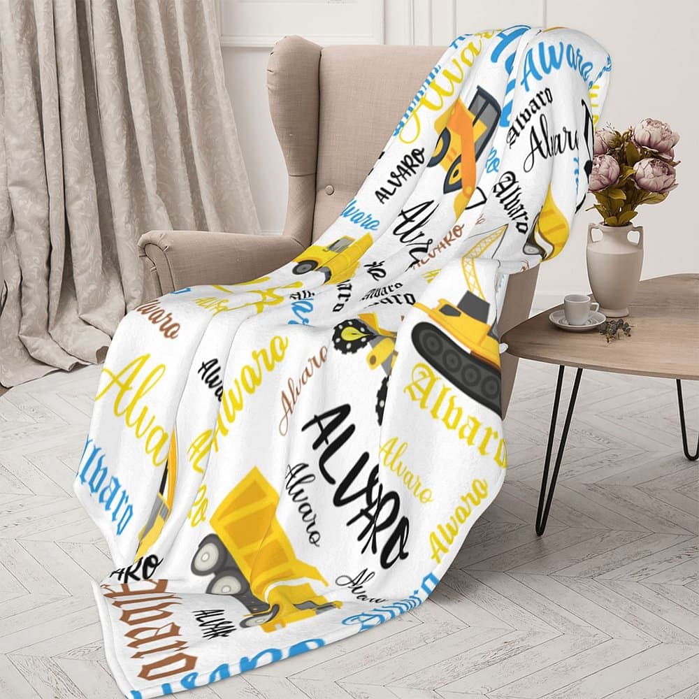 Manta de forro polar con diseño de camión de construcción personalizada con nombre Regalo de cumpleaños Aniversario para bebés Niños