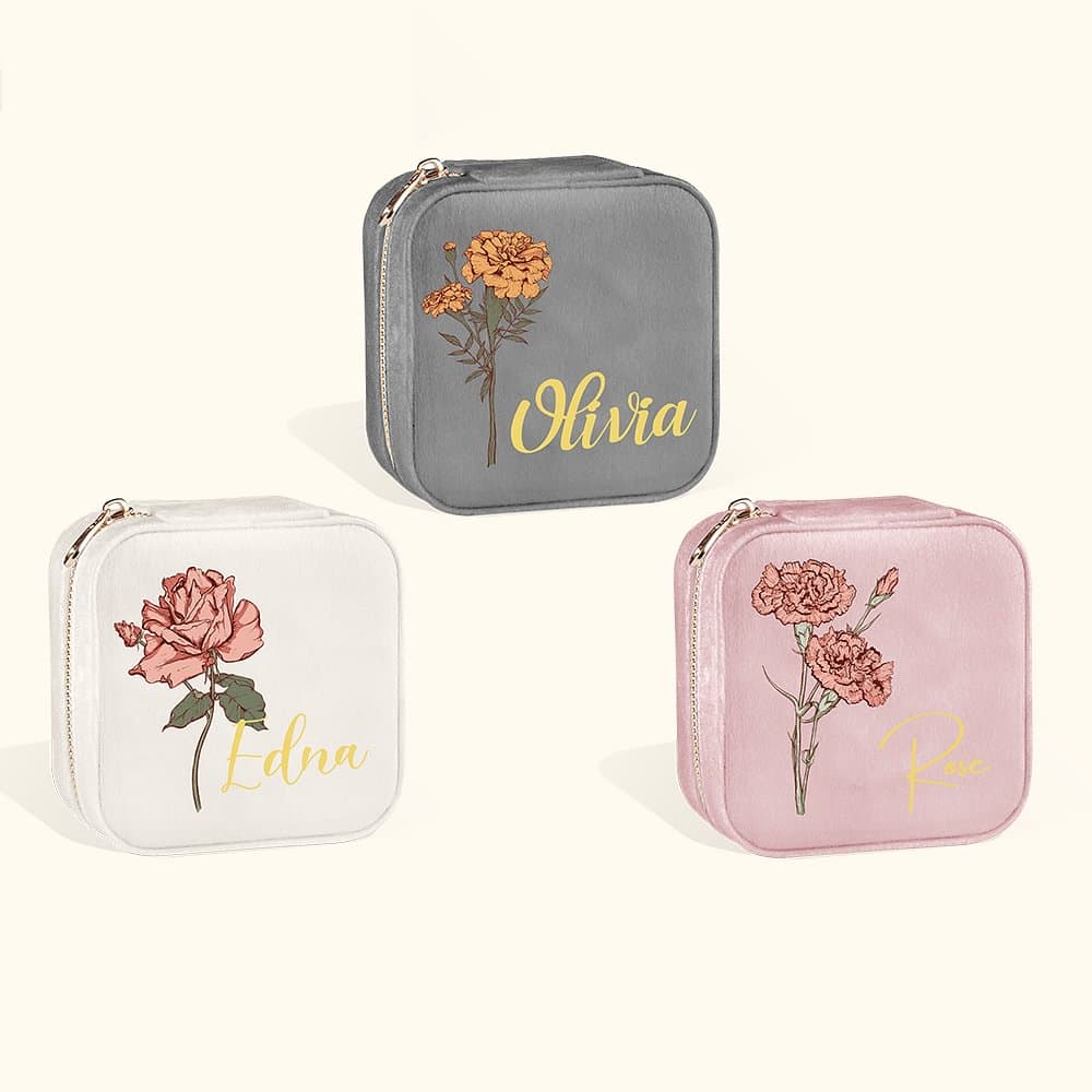 Personalizado Terciopelo Flor de Nacimiento Joyero Portátil Estuche de Viaje con Nombre Cumpleaños Día de la Madre Regalo de Boda para Ella