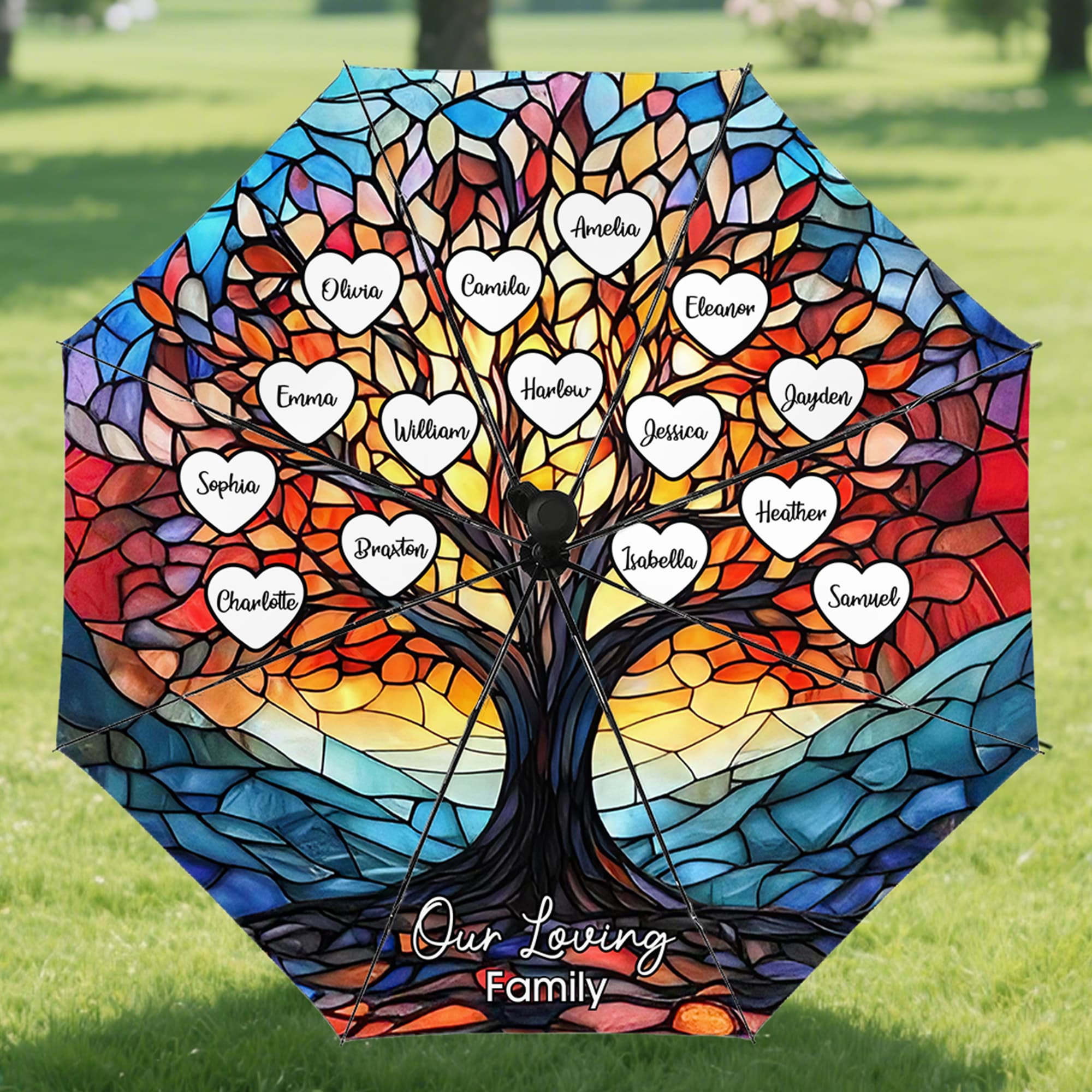 Árbol genealógico personalizado de imitación de vidrieras 2-25 nombres Paraguas tríptico automático Memento Regalo de cumpleaños para la familia