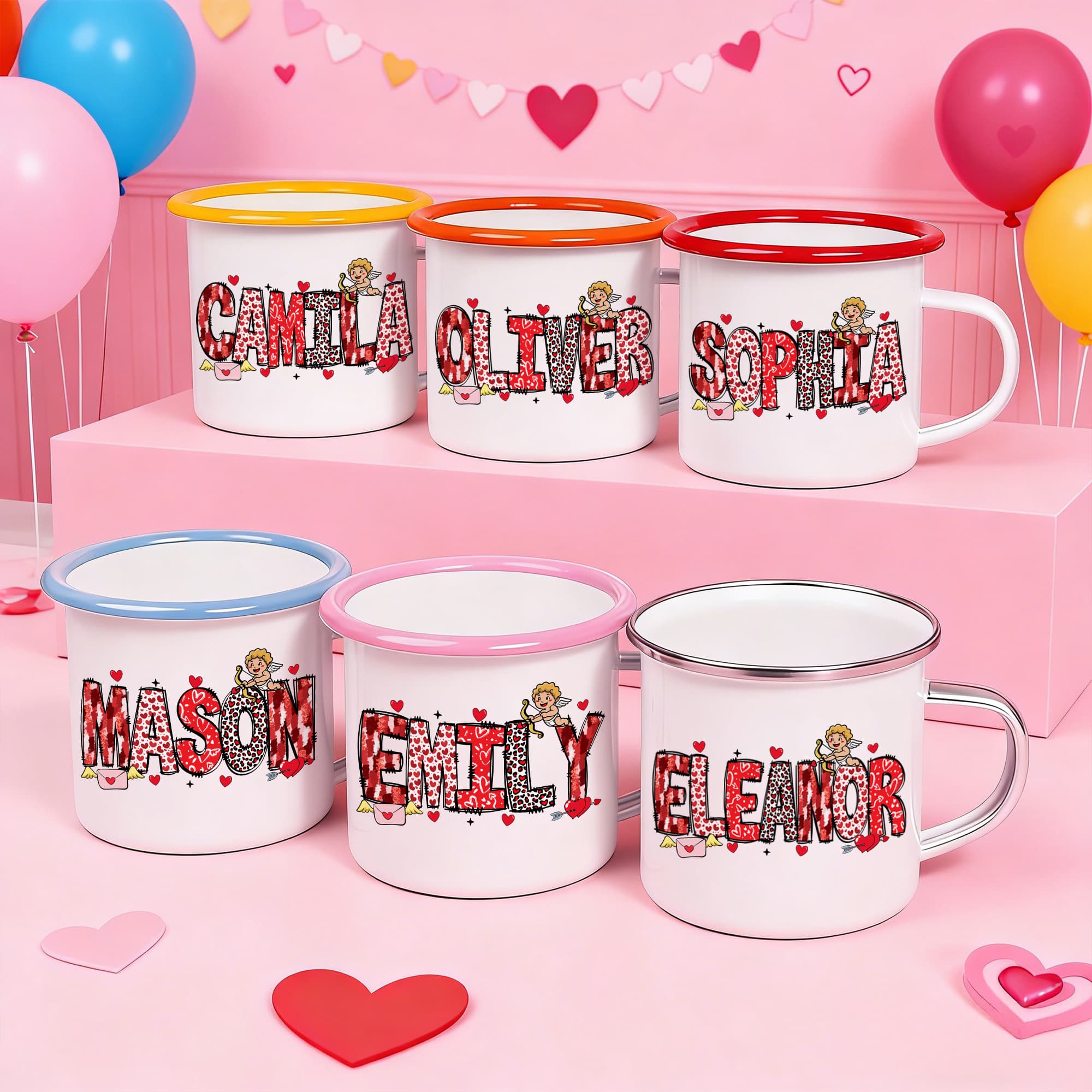 Personalizado romántico Cupido Corazón Patrón 12 oz Esmalte Taza con Nombre Decoración para el Hogar Día de San Valentín Cumpleaños Regalo para