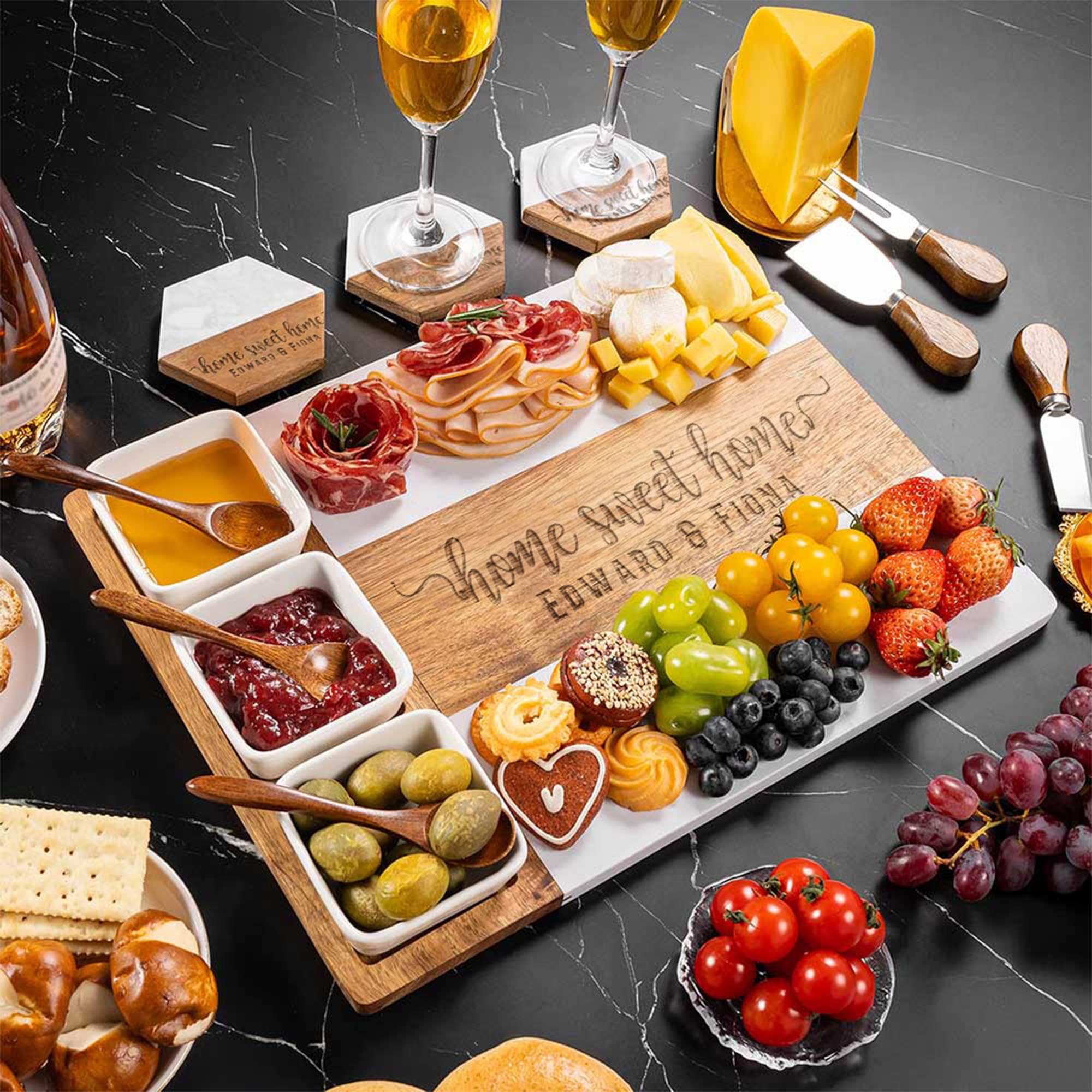 Personalizado Home Sweet Home Nombre Grabado Mármol 11 Pcs Tabla de Cortar Posavasos Set con Tazón de Cerámica Día de San Valentín Aniversario