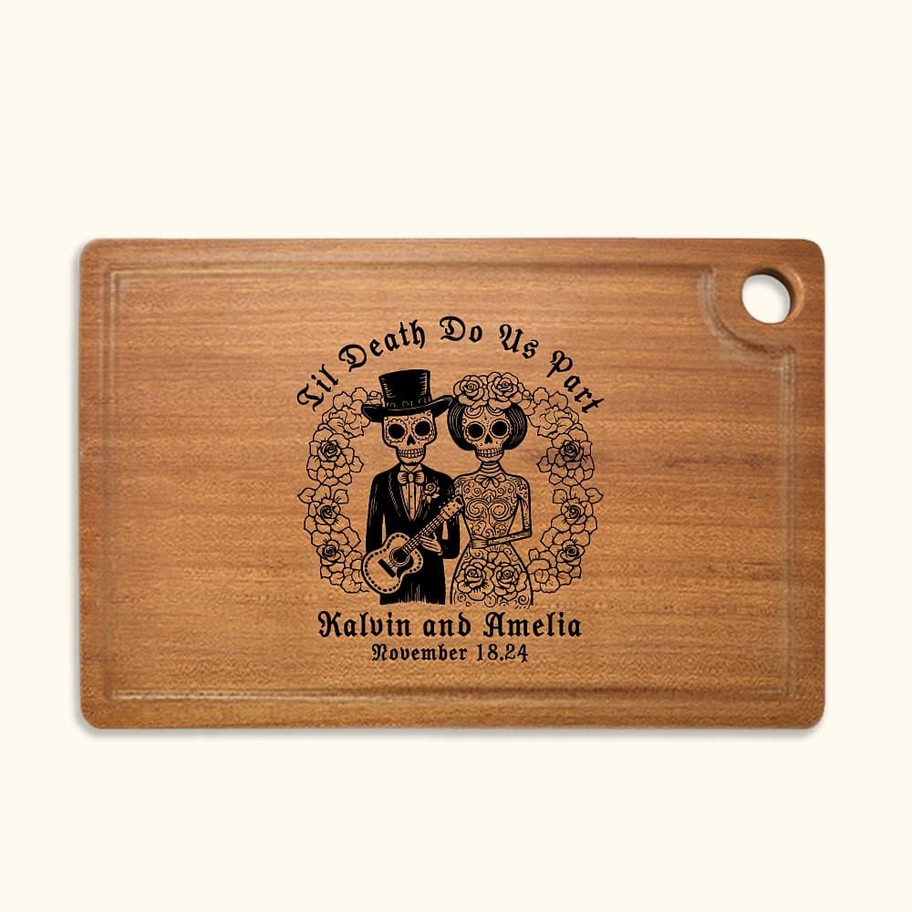 Personalizado Hasta que la muerte nos separe Calavera de azúcar Tabla de cortar de madera con nombre grabado Día de los Muertos Halloween Regalo de